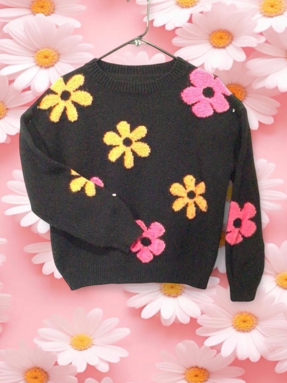 Black Floral Crewneck Sweater with Pink & Yellow Blooms